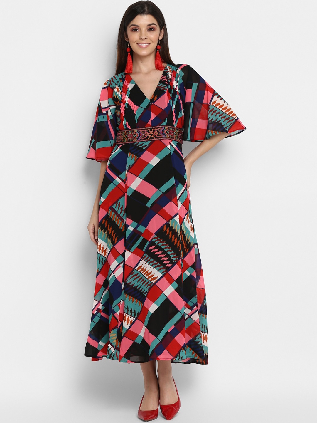 

NIZA Black & Coral Checked Georgette Flounce Sleeves Maxi Dress