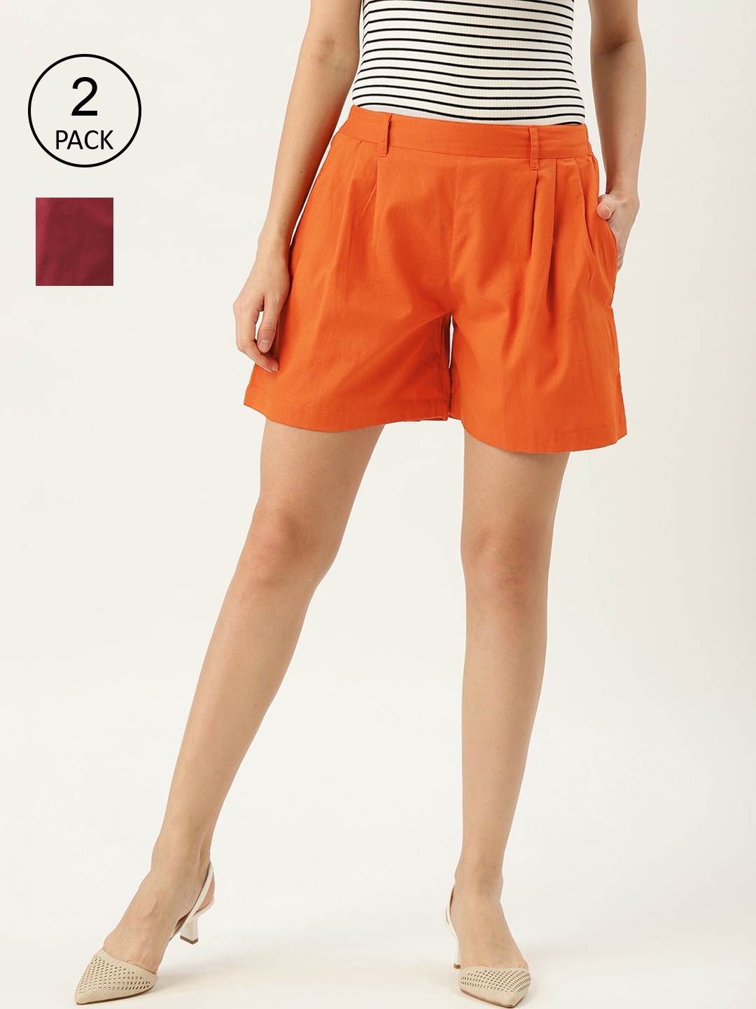 

Molcha Set of 2 Women Rust& Maroon Regular Shorts