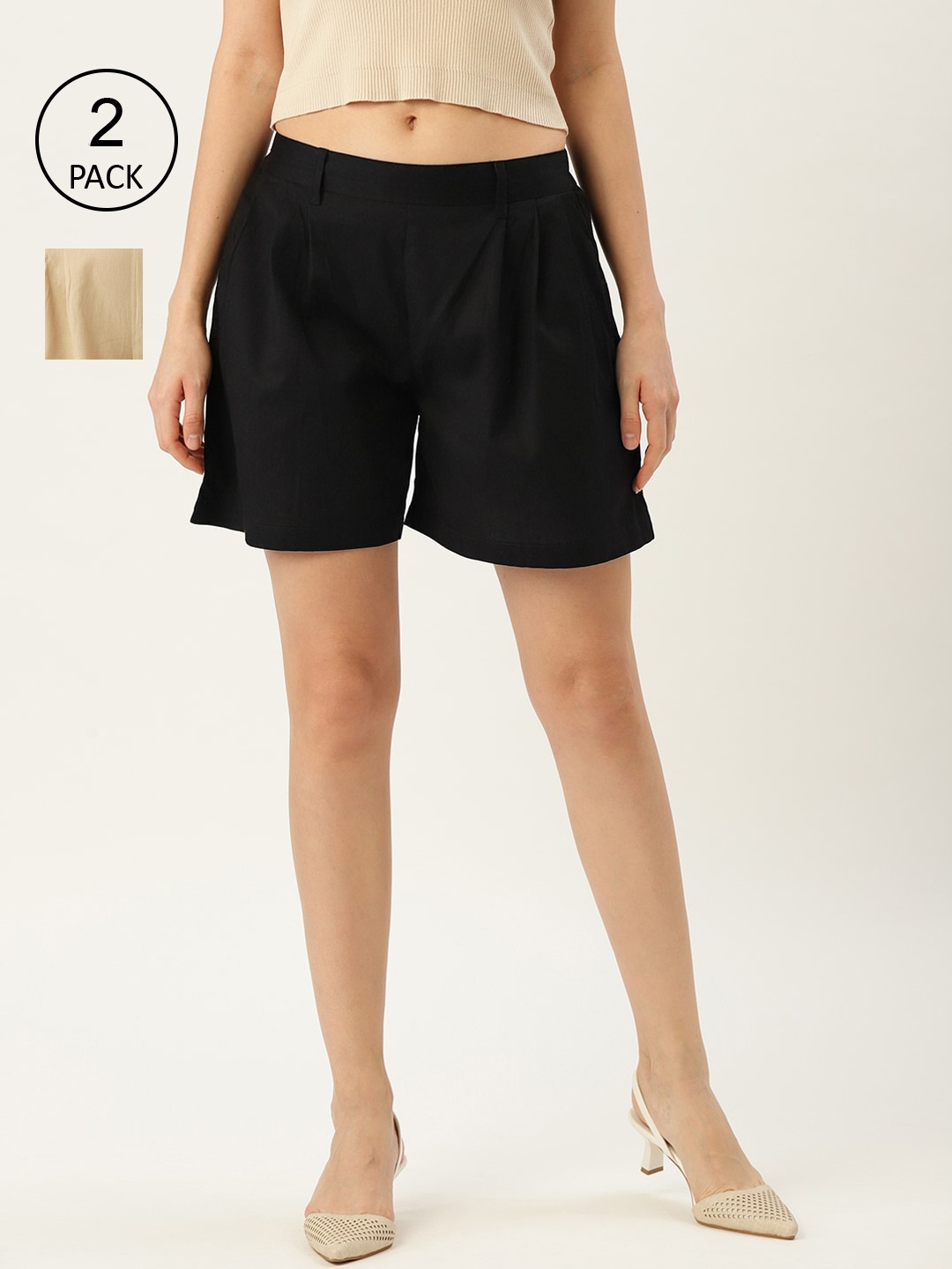 

Molcha Set of 2 Women Beige& Black Regular Shorts