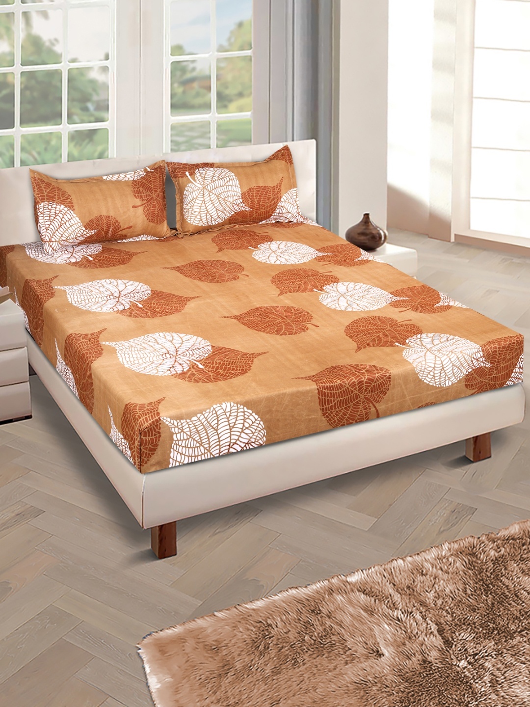 

ROMEE Floral Print 144 TC Microfiber Queen Bedsheet With 2 Pillow Covers, Brown