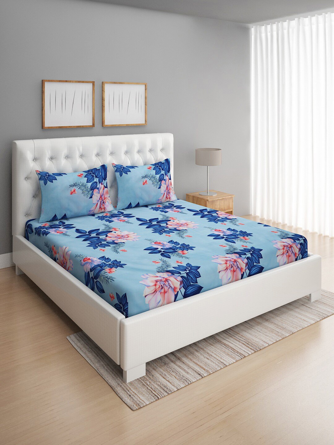 

ROMEE Floral Print 144 TC Microfiber Queen Bedsheet with 2 Pillow Covers, Blue