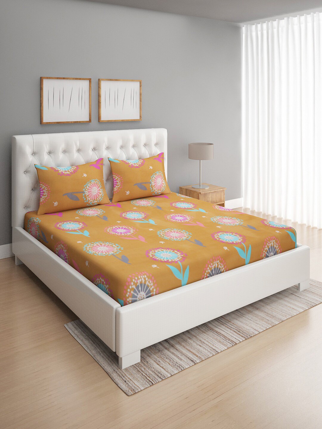 

ROMEE Orange & Turquoise Blue Floral 144 TC Cotton Queen Bedsheet with 2 Pillow Covers