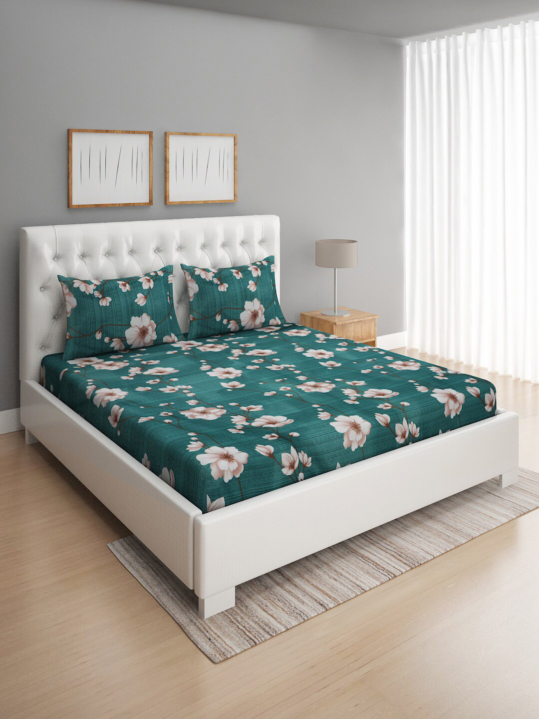 

ROMEE Floral Print 144 TC Microfiber Queen Bedsheet with 2 Pillow Covers, Teal
