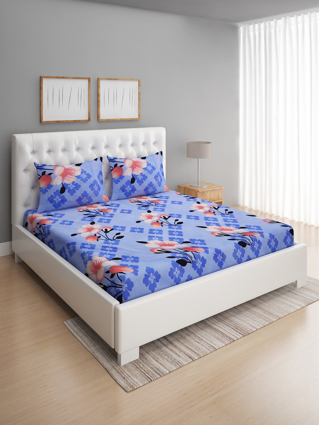 

ROMEE Floral Print 144 TC Microfiber Queen Bedsheet With 2 Pillow Covers, Blue