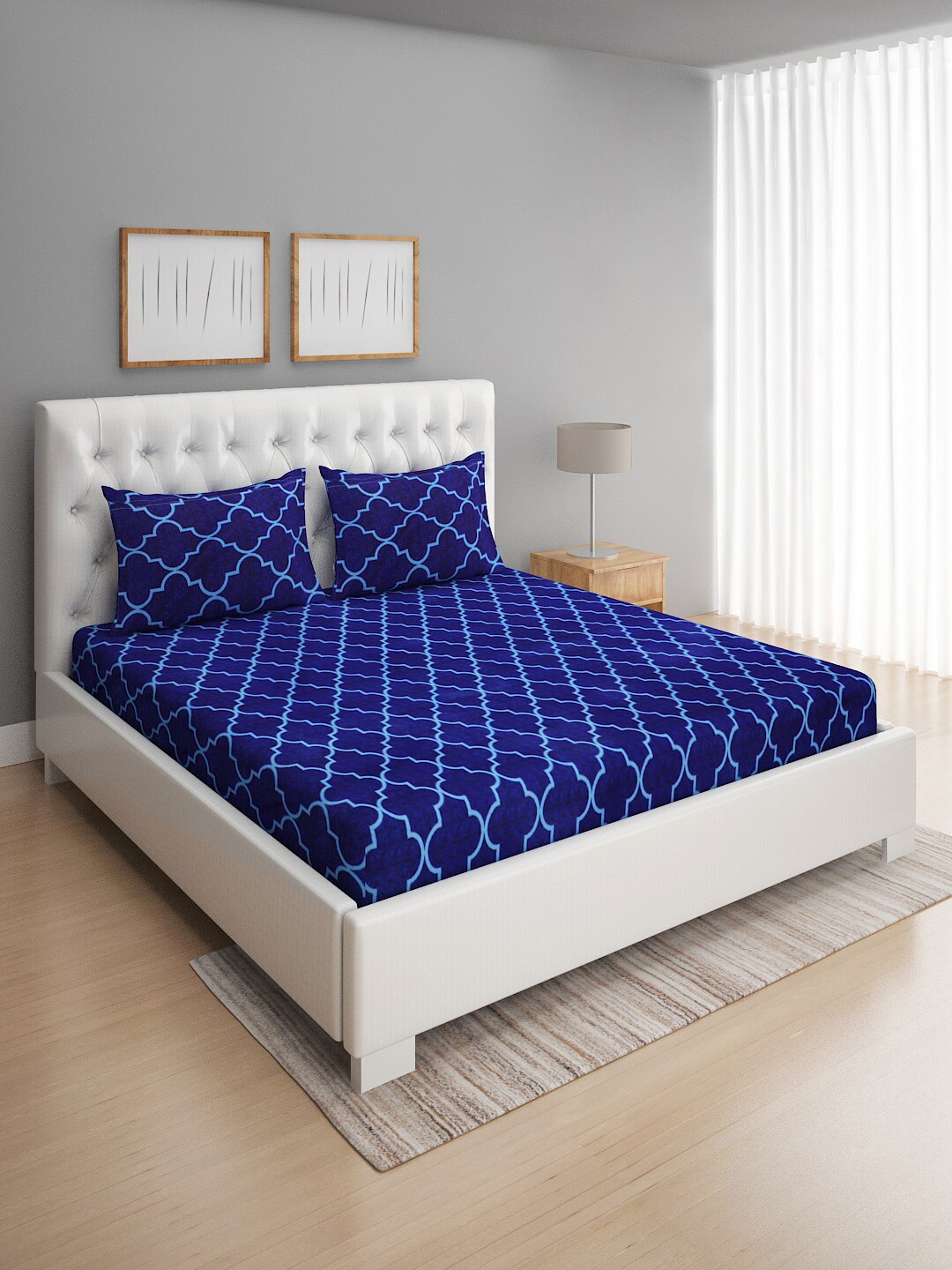 

ROMEE Blue Geometric 144 TC Microfiber Queen Bedsheet with 2 Pillow Covers