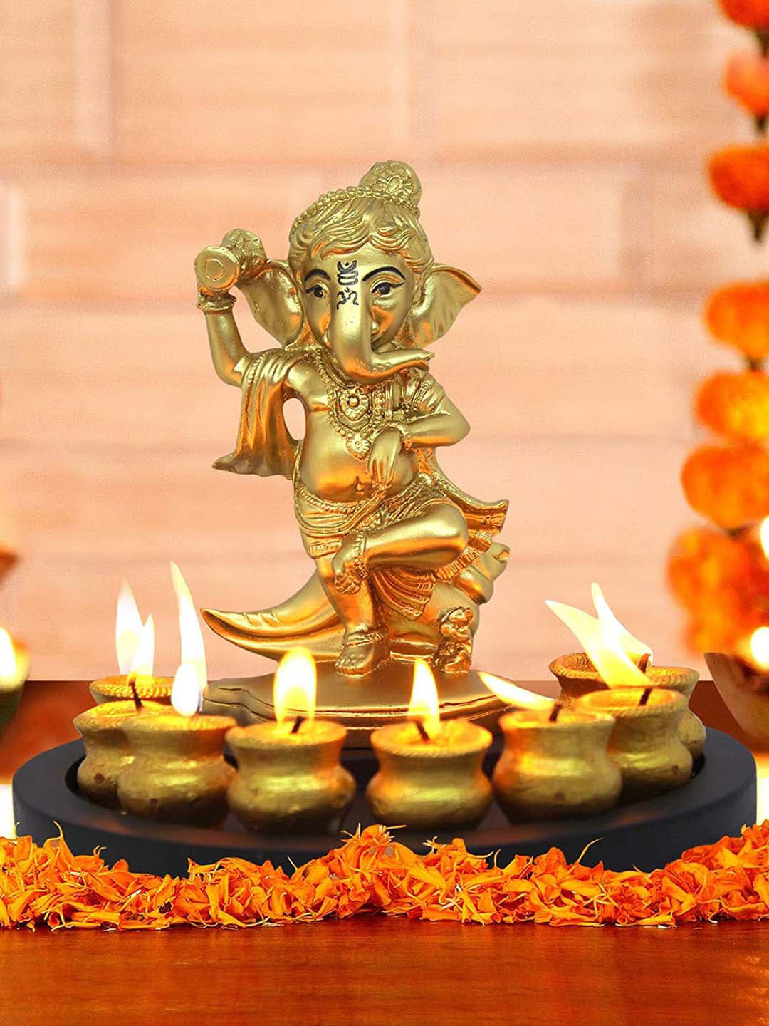 

TIED RIBBONS Gold-Toned & Brown Ganesha Idol with Tray & Tealight Candles Showpiece