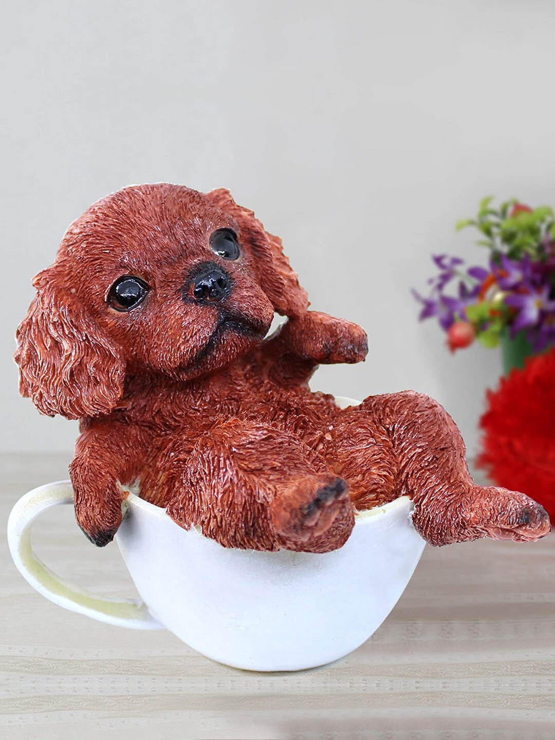 

TIED RIBBONS White & Brown Cute Dog In Cup Figurine Statue Showpiece