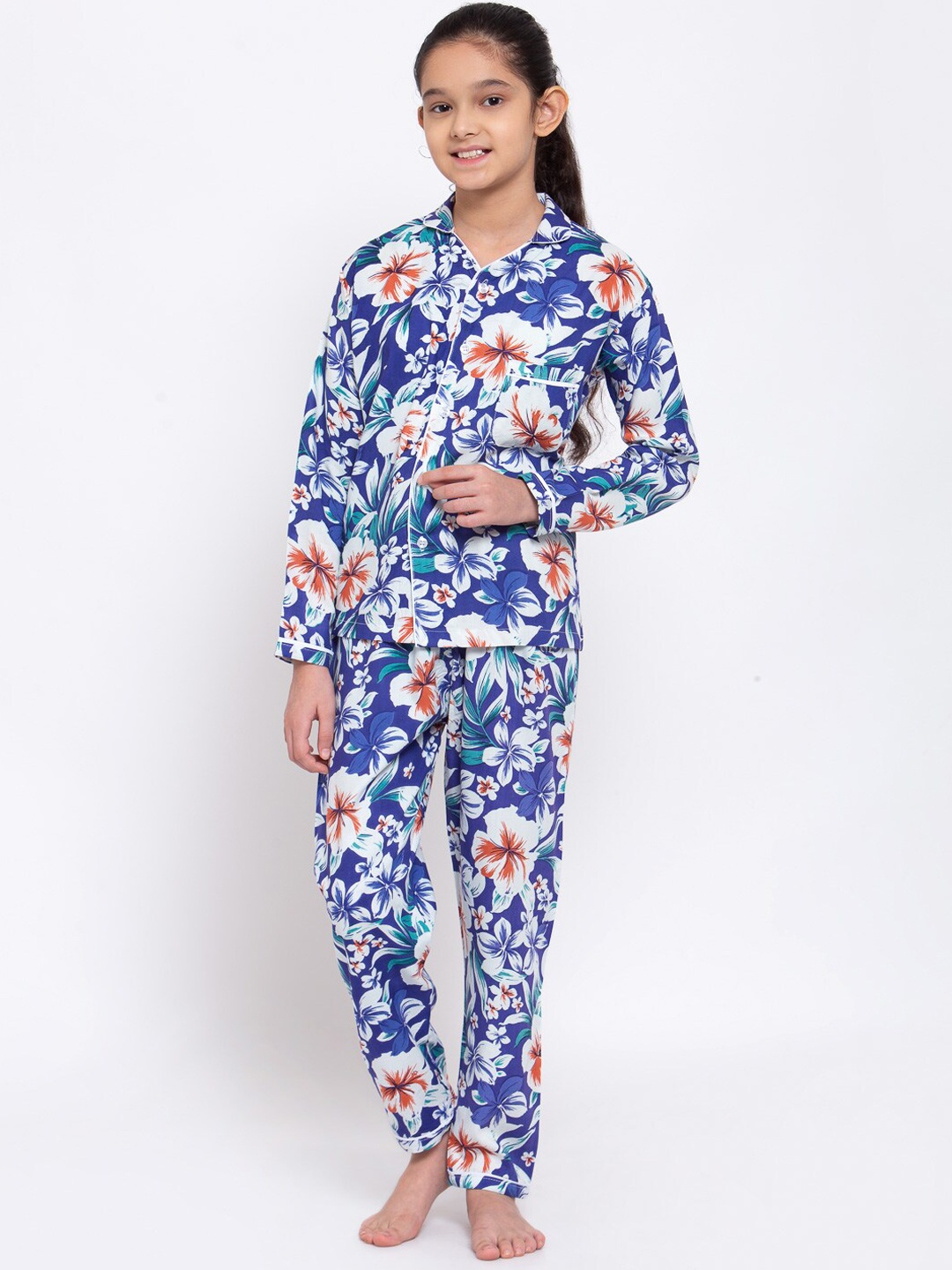 

KLOTTHE Girls Blue & White Floral Printed Cotton Night Suit