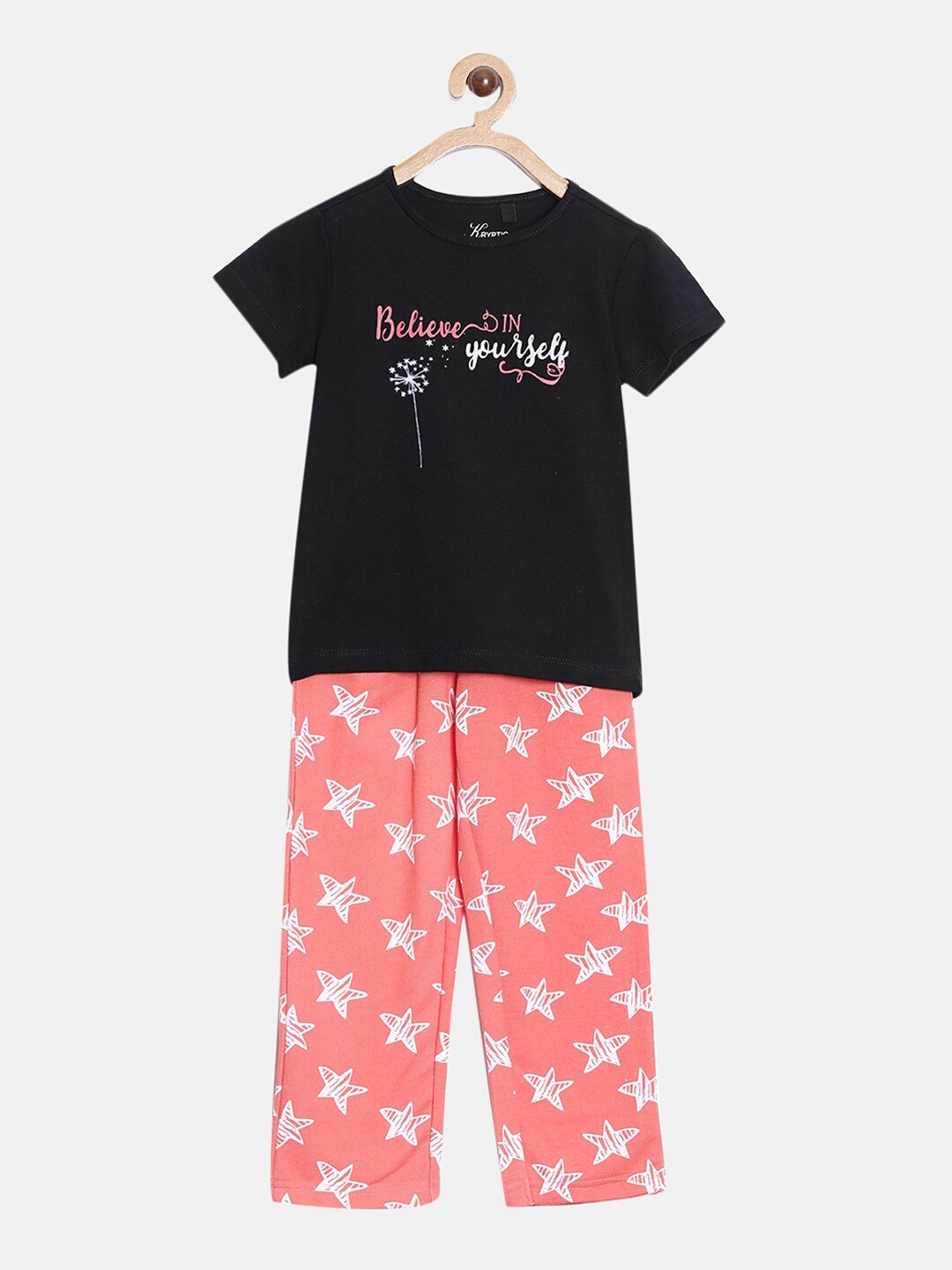 

Kryptic Girls Black & Coral Printed Night Suit