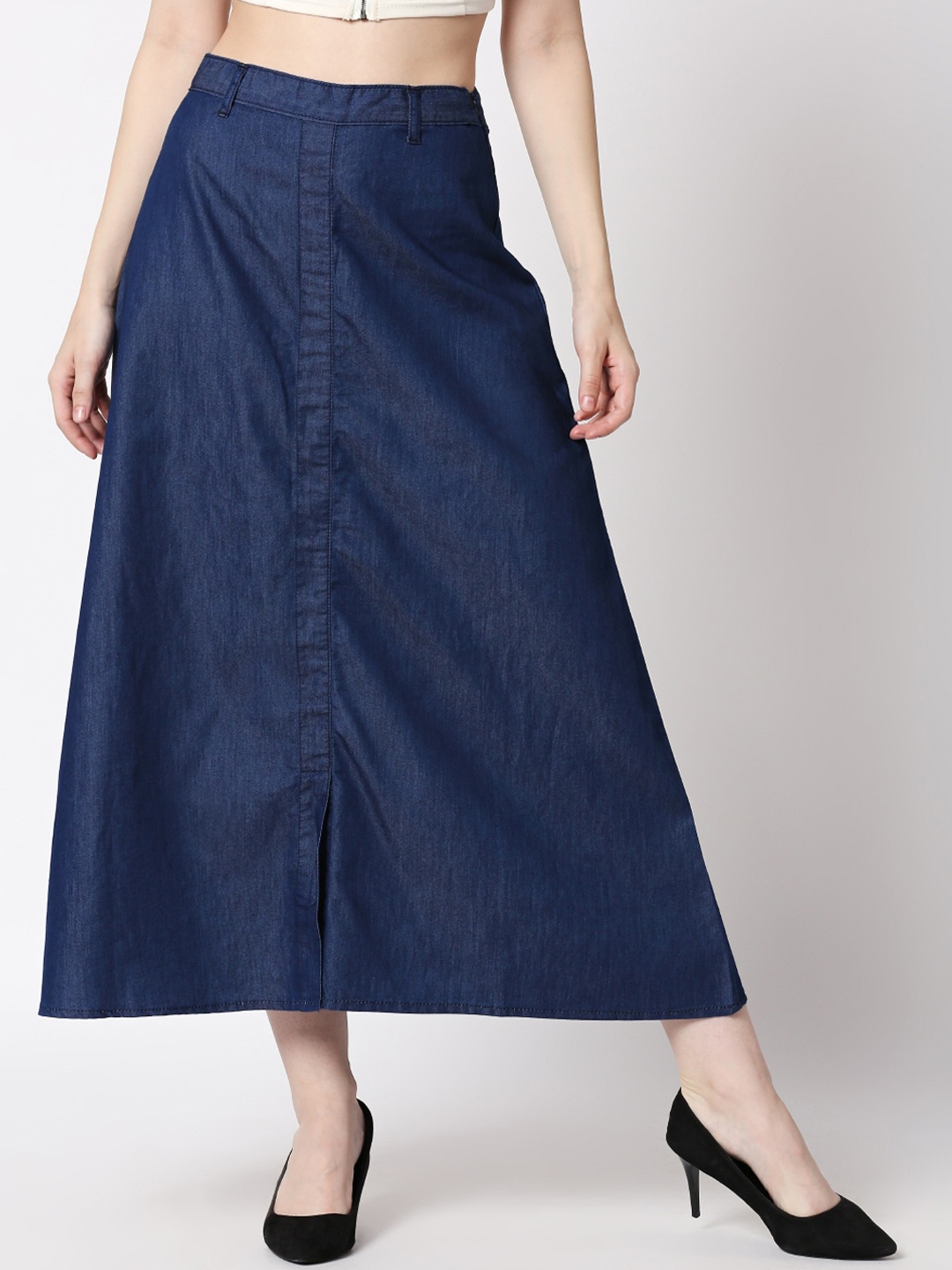 

High Star Women Blue Solid A-Line Midi Denim Skirt