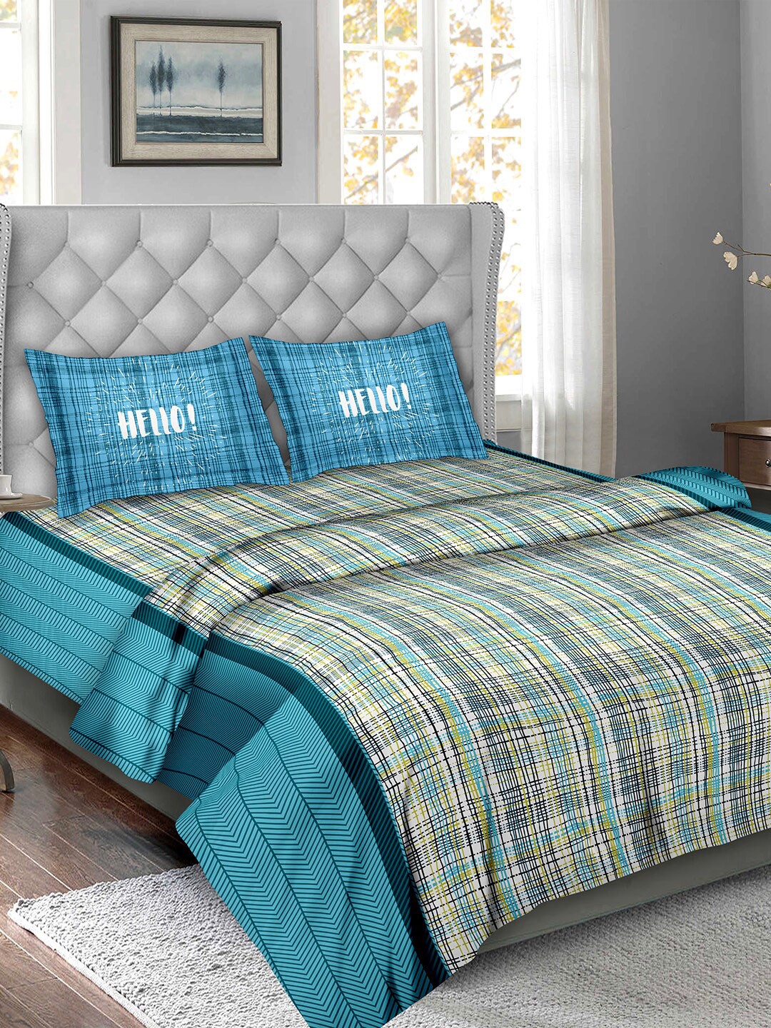 

BELLA CASA Unisex Blue & Black Checked Pure Cotton Double King Bedding Set