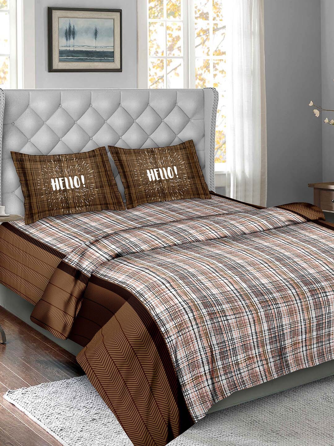 

BELLA CASA Brown & White Checked Pure Cotton Double King Bedding Set