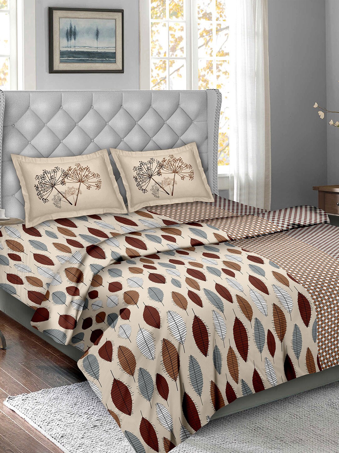 

BELLA CASA Brown & White & Grey Floral Printed Cotton Double King Bedding Set
