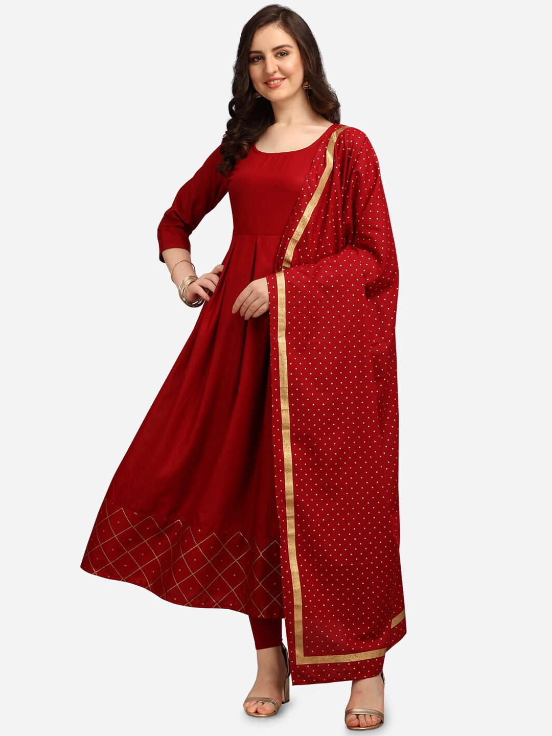 

Youthnic Women Maroon Foil Print Anarkali Kurta With Dupatta