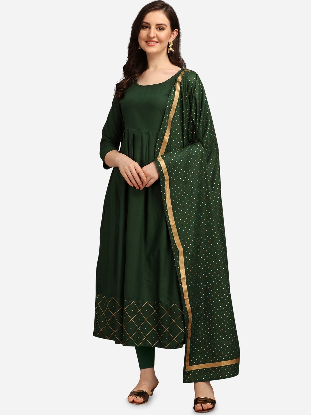 

Youthnic Women Green Foil Print Anarkali Kurta With Dupatta