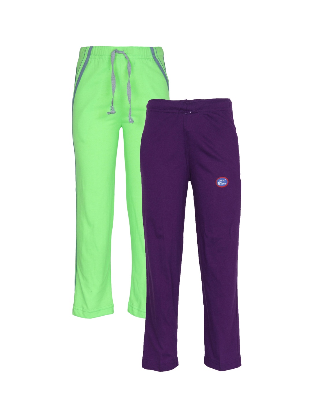 

VIMAL JONNEY Unisex Kids Pack of 2 Green & Purple Solid Track Pants