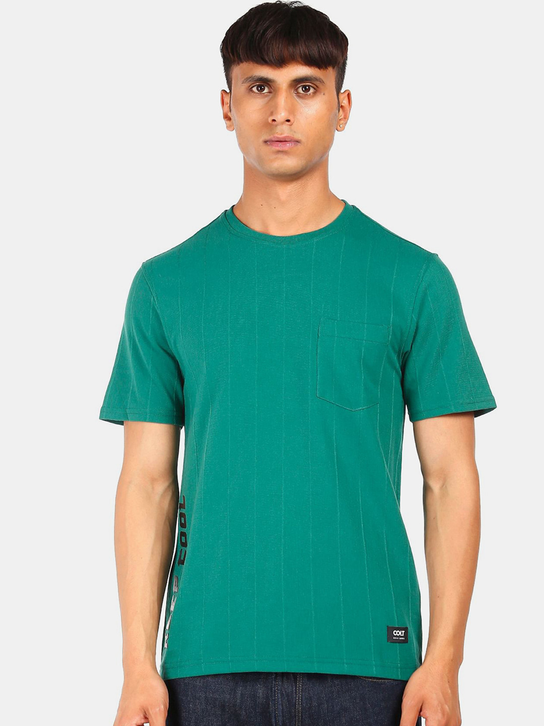 

Colt Men Green Striped Pockets Slim Fit T-shirt