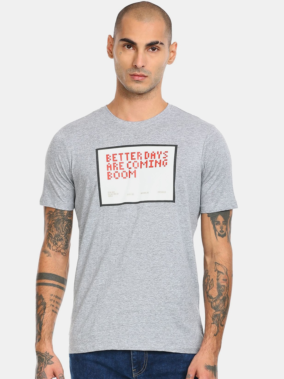 

Colt Men Grey & White Printed Cotton T-shirt