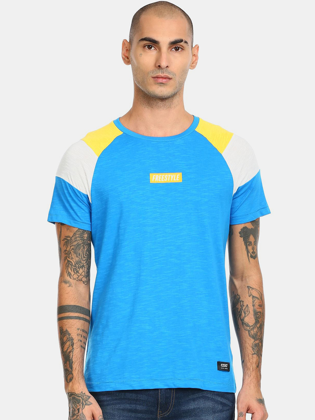 

Colt Men Blue & Yellow Colourblocked T-shirt