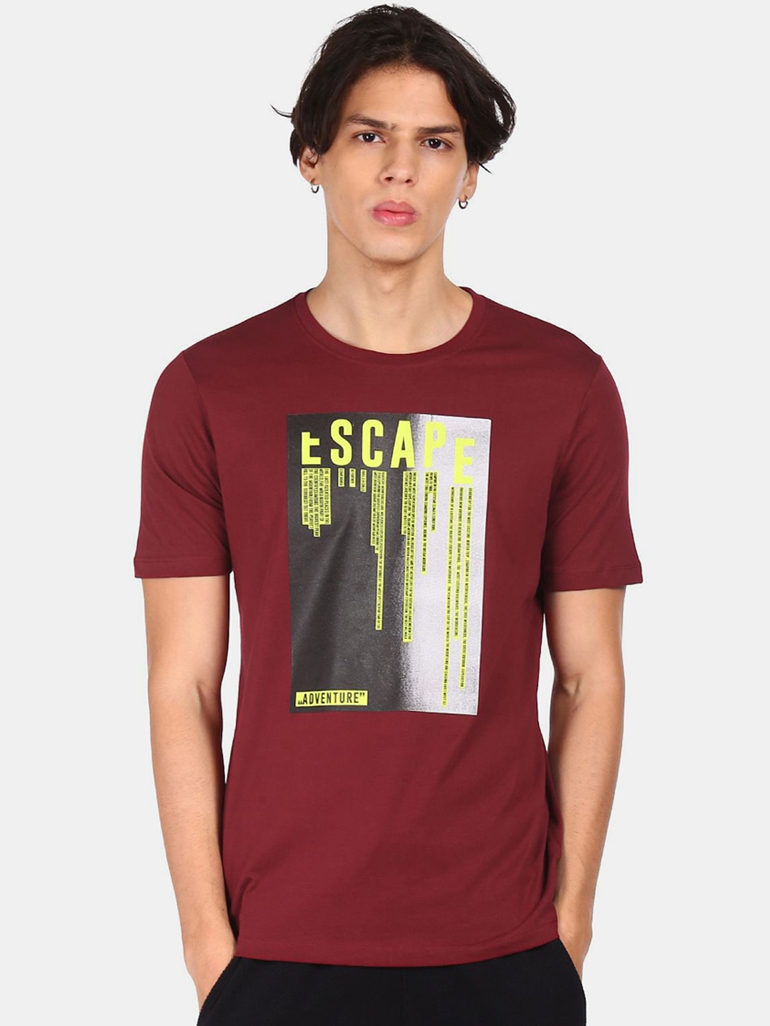 

Colt Men Maroon & Black Printed Cotton T-shirt