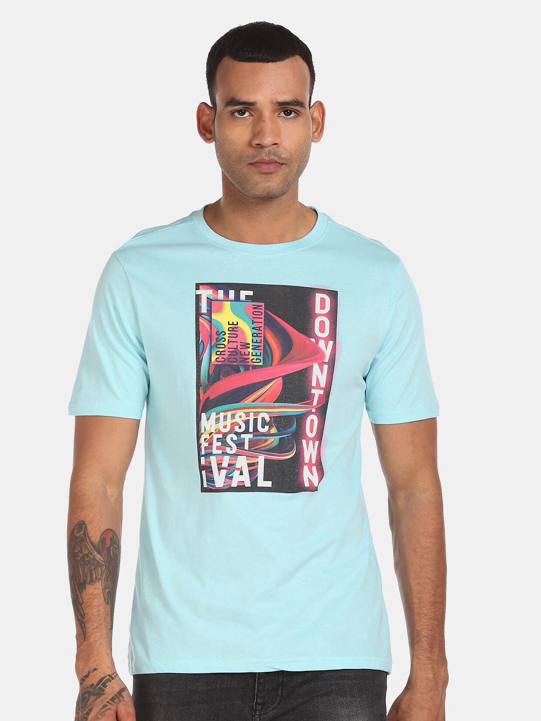 

Colt Men Blue Black Printed Pure Cotton T-shirt