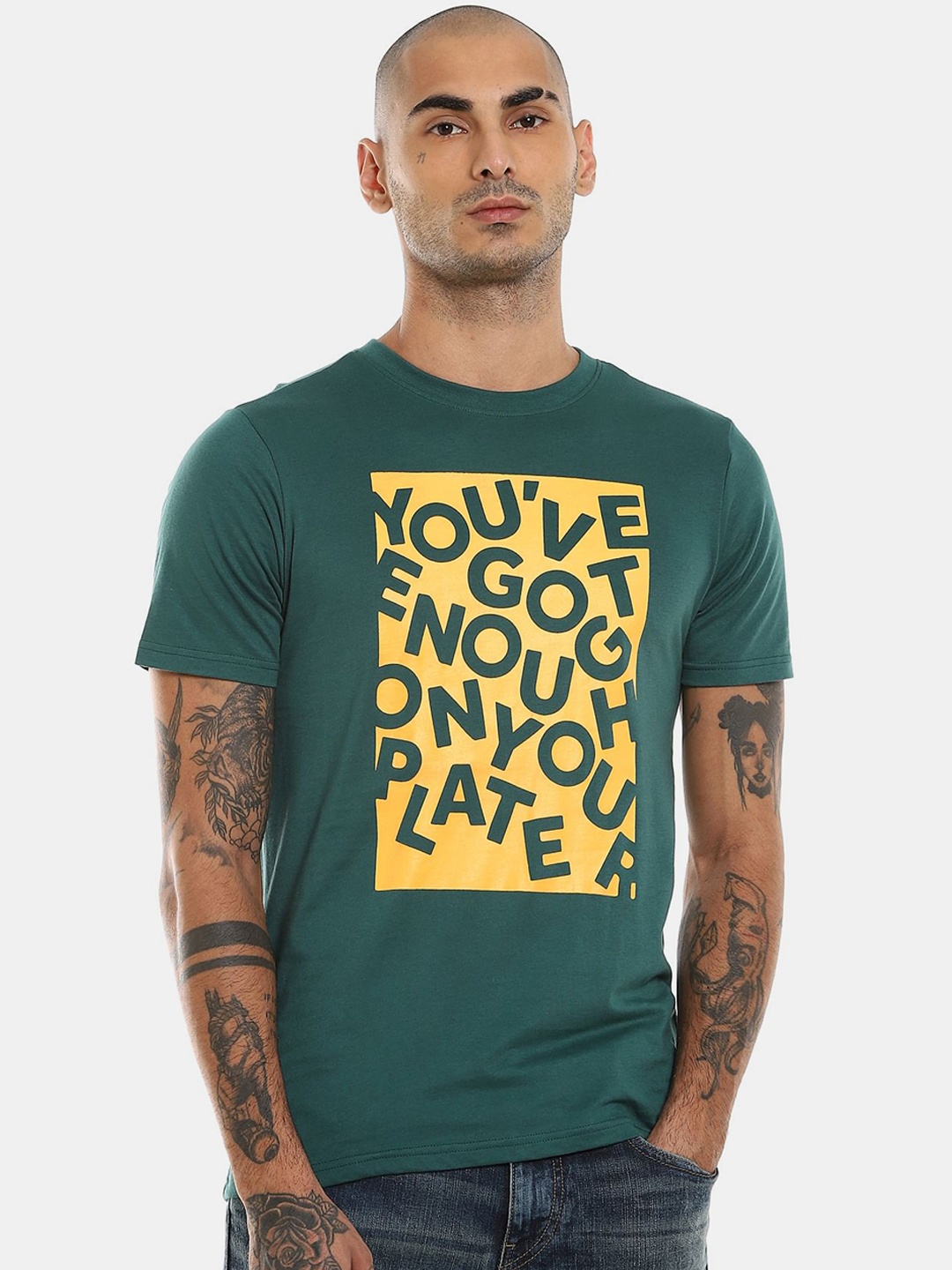 

Colt Men Green & Yellow Printed Cotton T-shirt