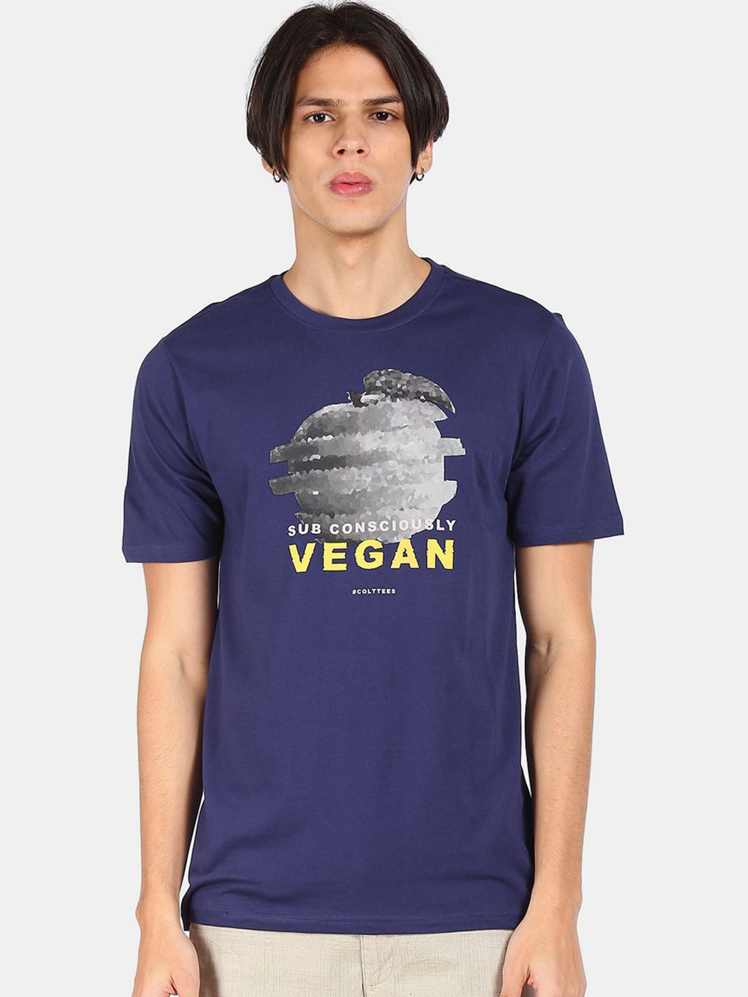 

Colt Men Navy Blue & Grey Printed Cotton T-shirt