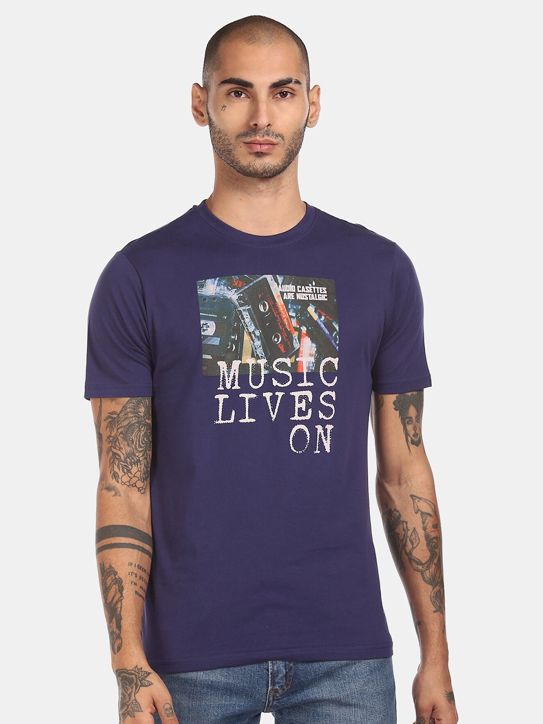 

Colt Men Blue White Typography Printed Pure Cotton T-shirt