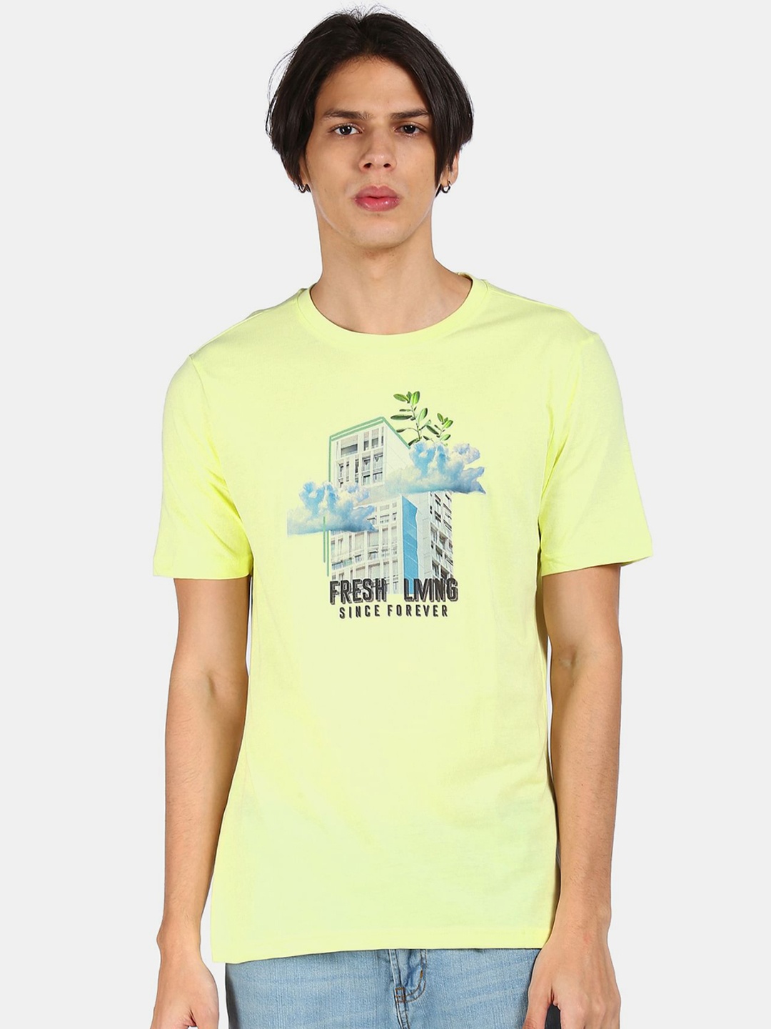 

Colt Men Yellow & Blue Printed Cotton T-shirt