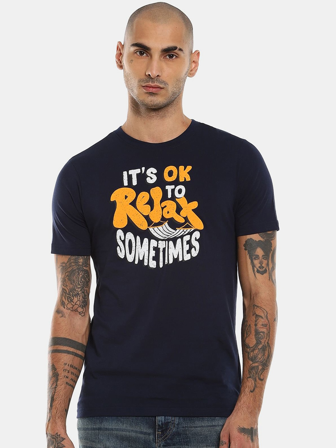 

Colt Men Navy Blue & Orange Printed Cotton T-shirt