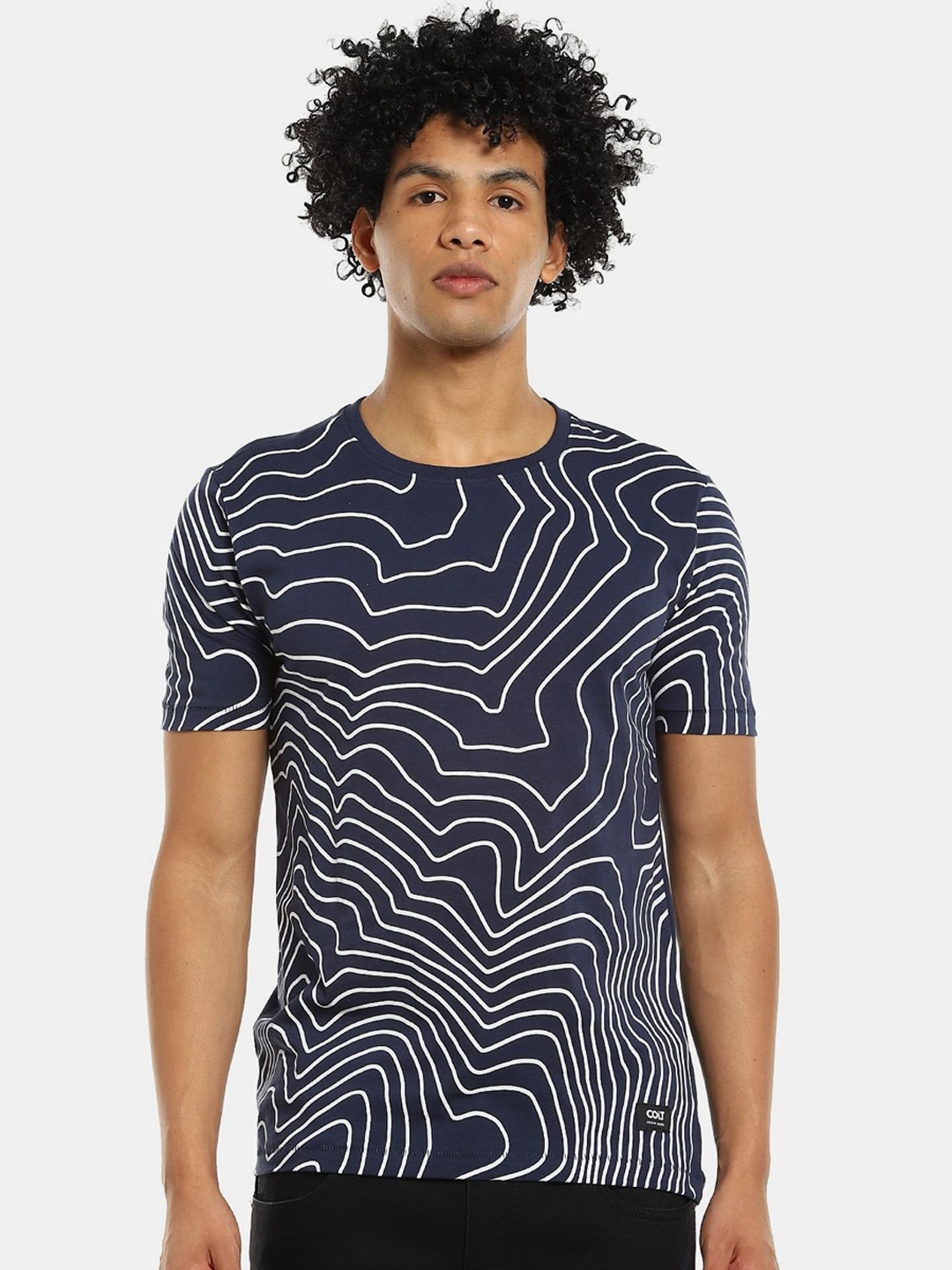 

Colt Men Navy Blue & White Printed Cotton T-shirt