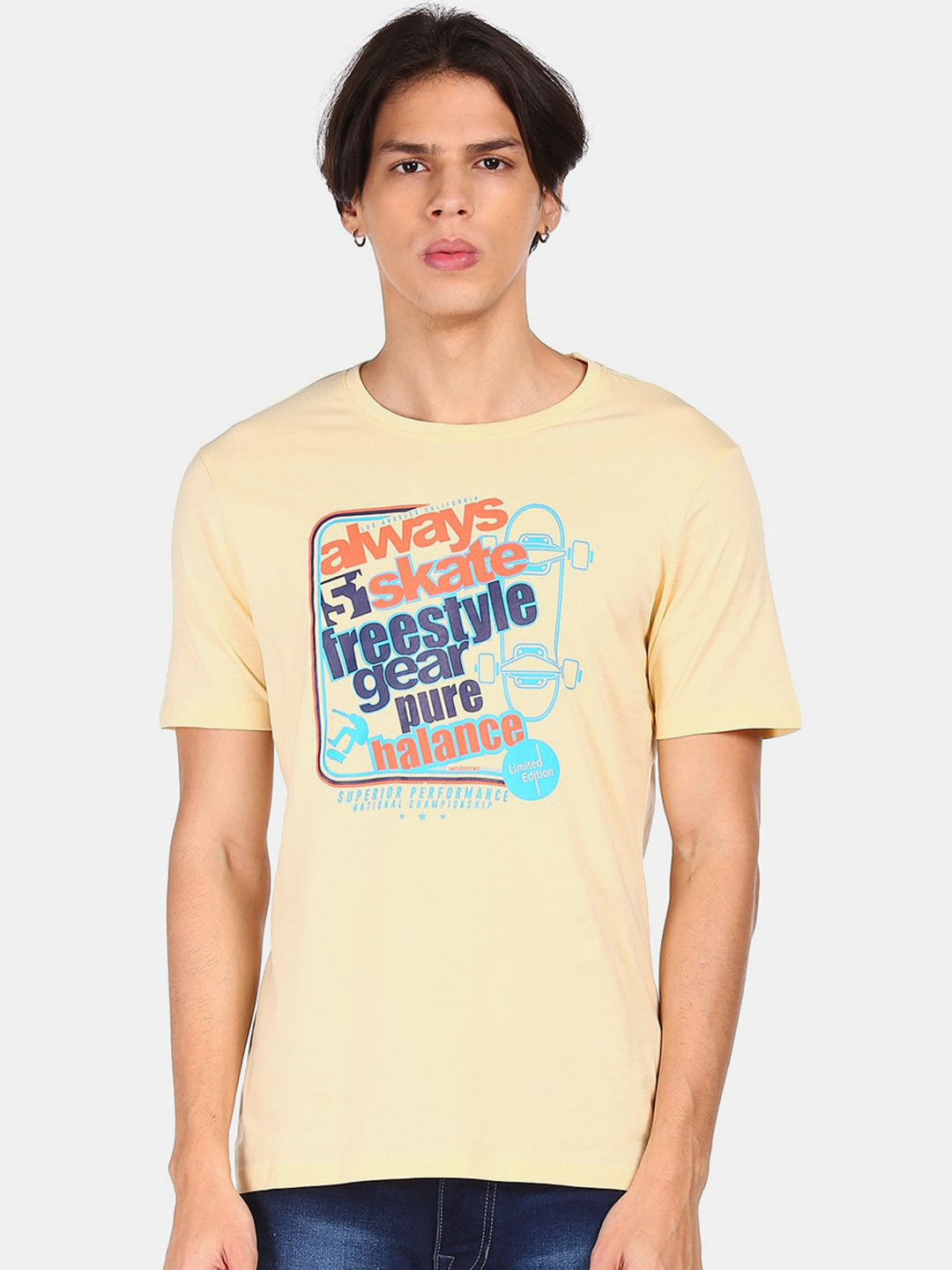 

Colt Men Yellow & Blue Printed Cotton T-shirt