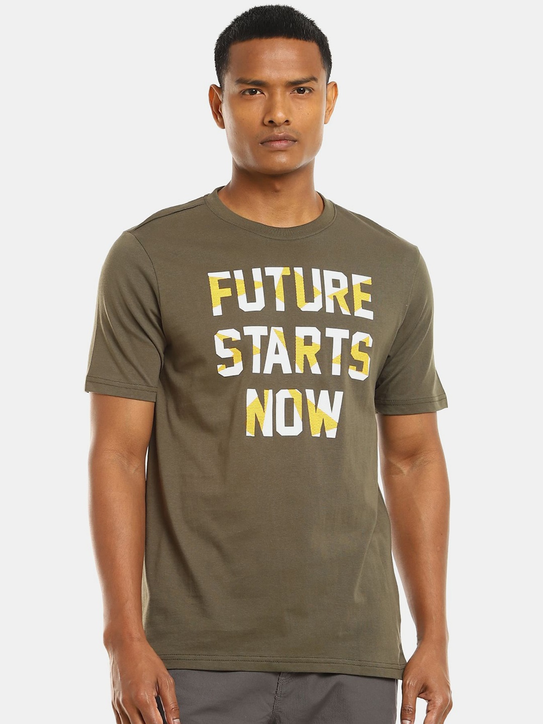 

Colt Men Olive Green & White Printed Cotton T-shirt