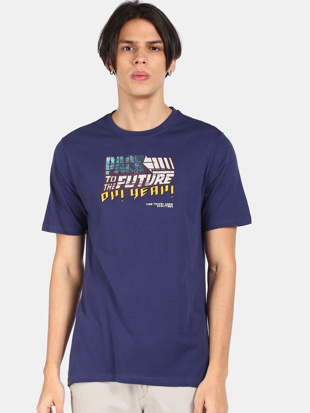 

Colt Men Navy Blue & White Printed Cotton T-shirt