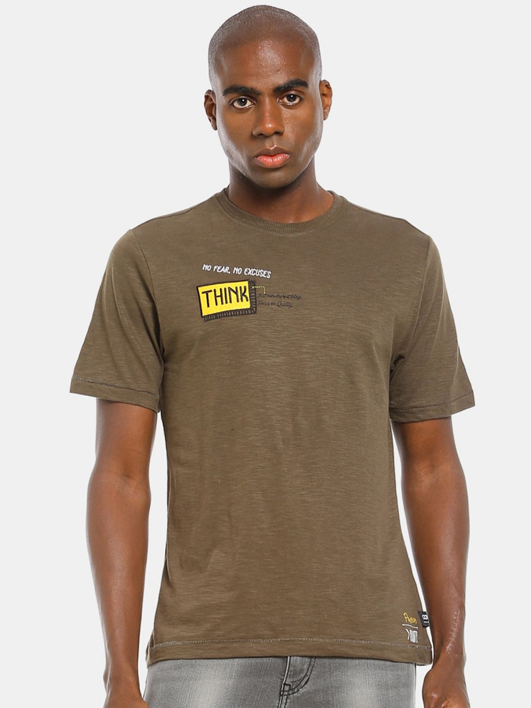 

Colt Men Olive Green & Yellow Printed Cotton T-shirt