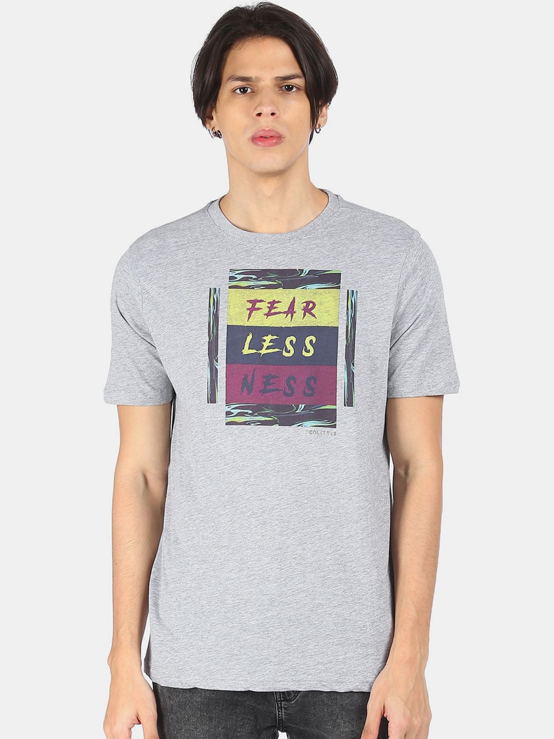 

Colt Men Grey & Navy Blue Printed Cotton T-shirt