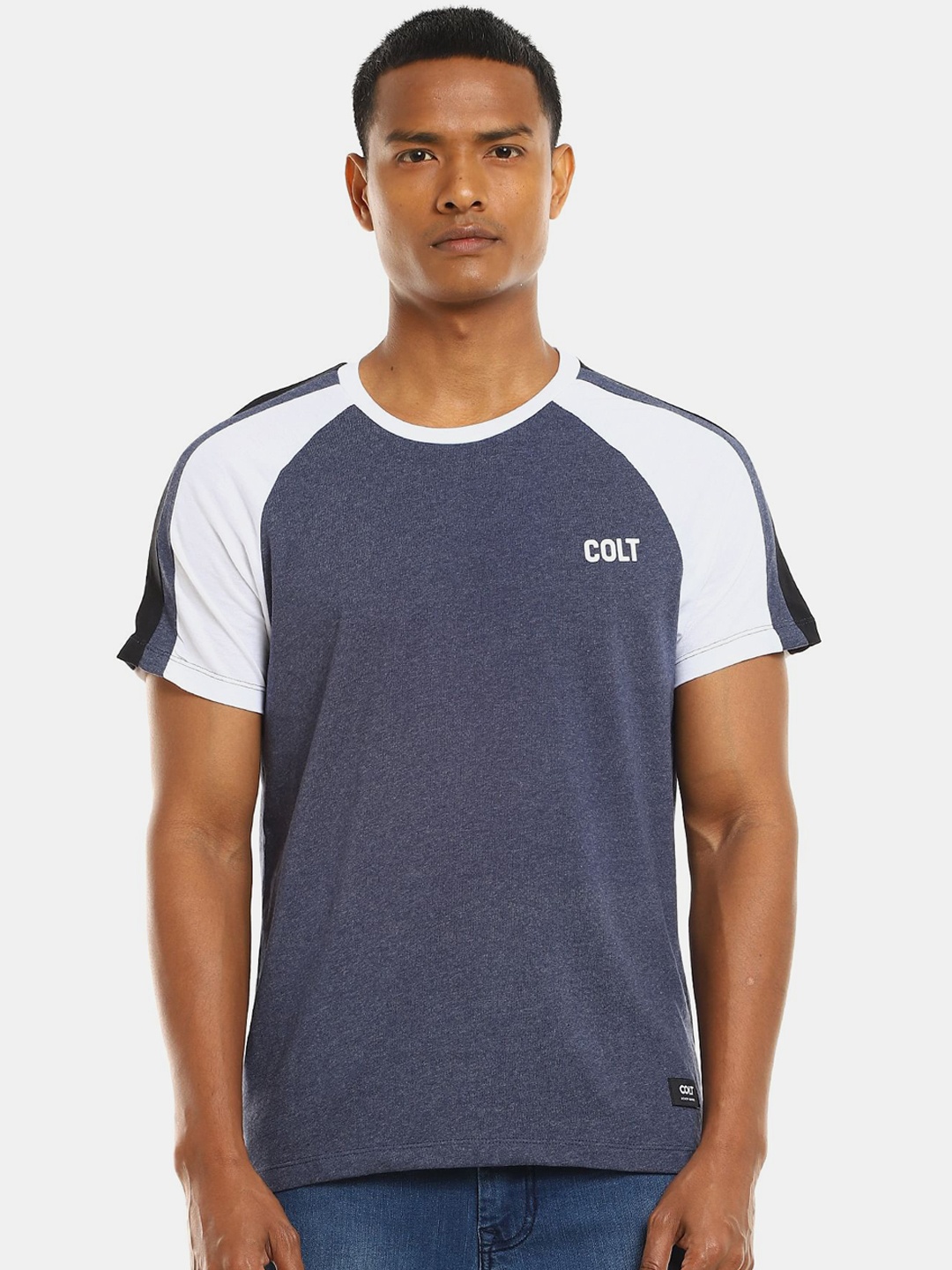 

Colt Men Navy Blue & White Colourblocked Cotton T-shirt