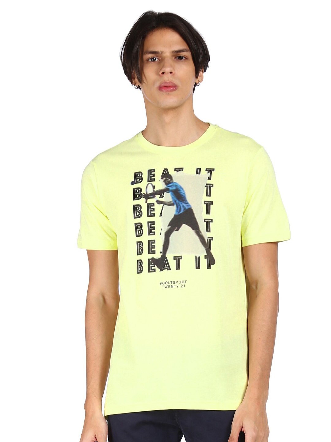 

Colt Men Yellow Printed Extended Sleeves Raw Edge T-shirt