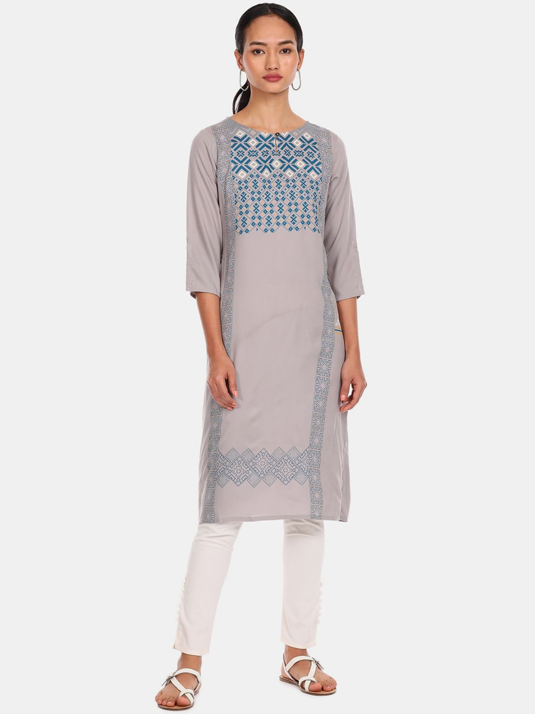 

Karigari Women Grey Geometric Printed Kurta