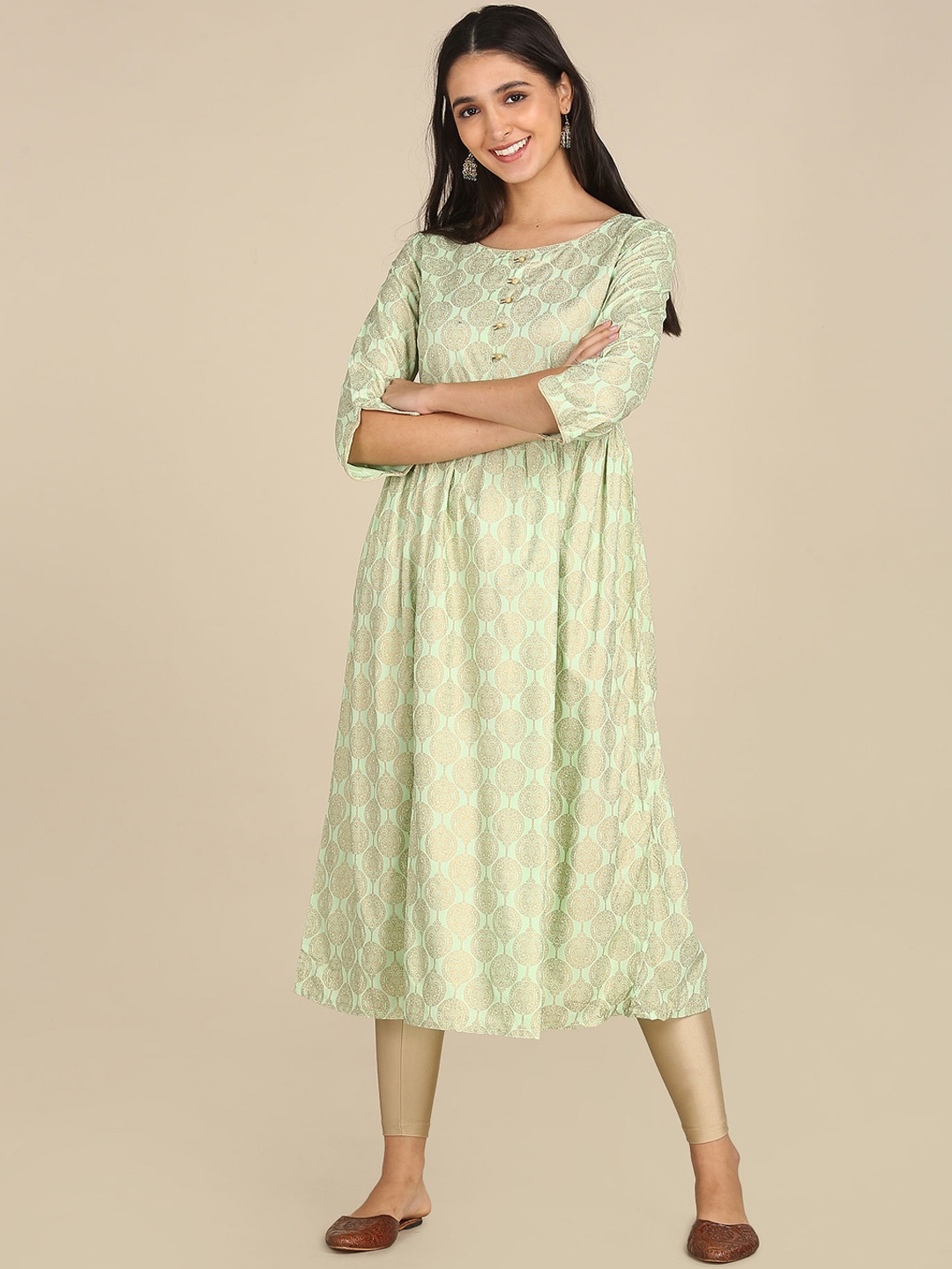 

Karigari Women Green Ethnic Motifs Printed Anarkali Kurta