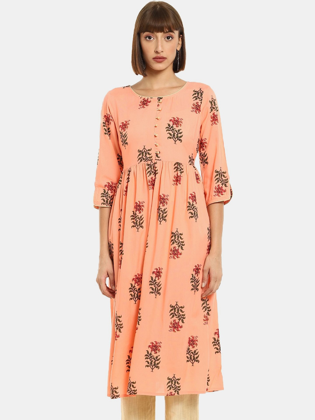 

Karigari Women Peach-Coloured Floral Printed Kurta