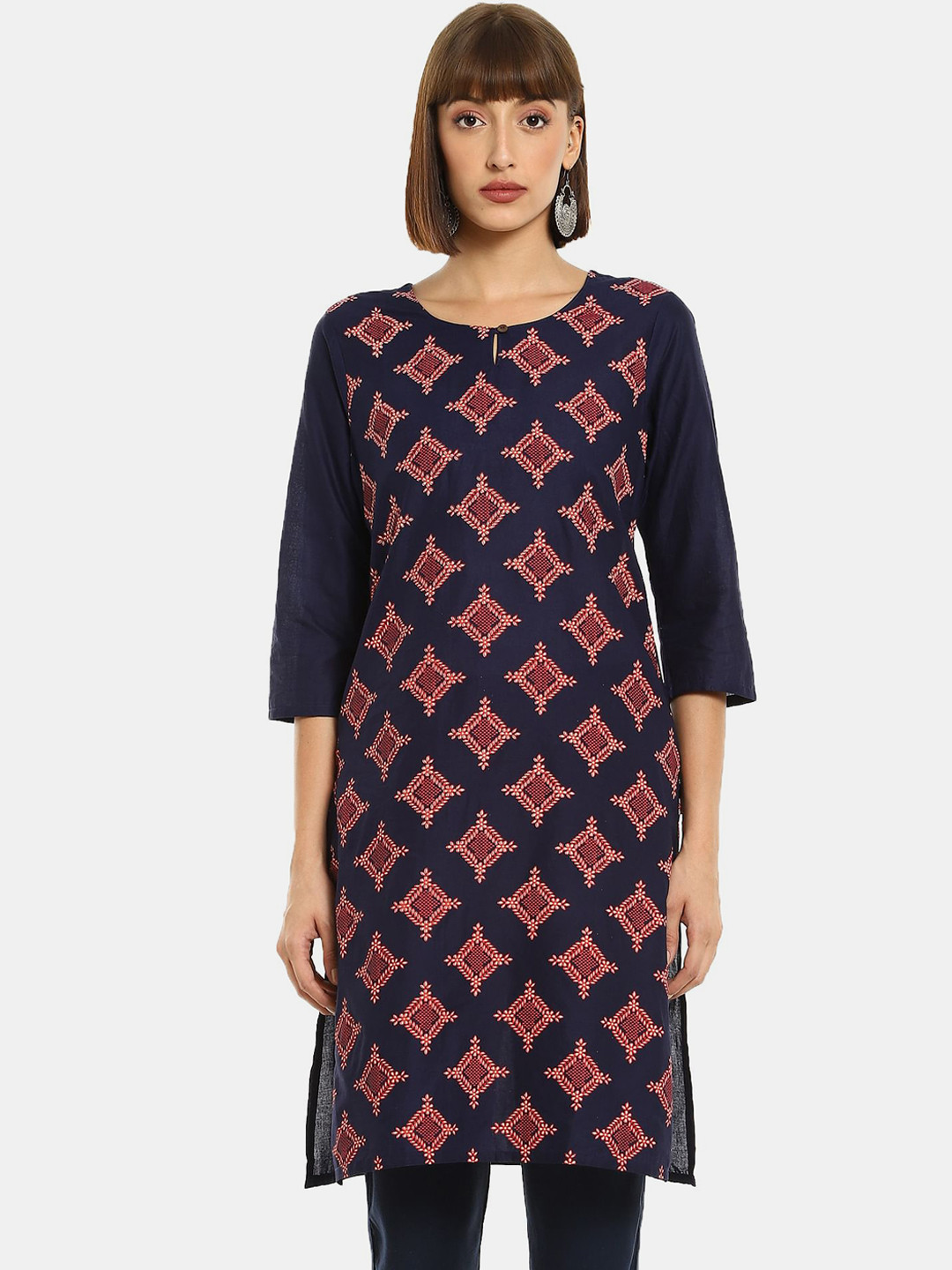 

Karigari Women Blue Geometric Printed Thread Work Kurta
