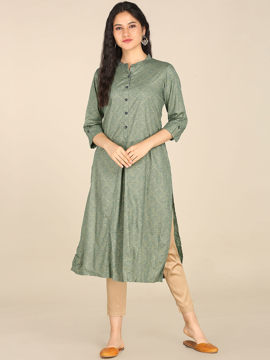 

Karigari Women Green Ethnic Motifs Embroidered Mirror Work Kurta