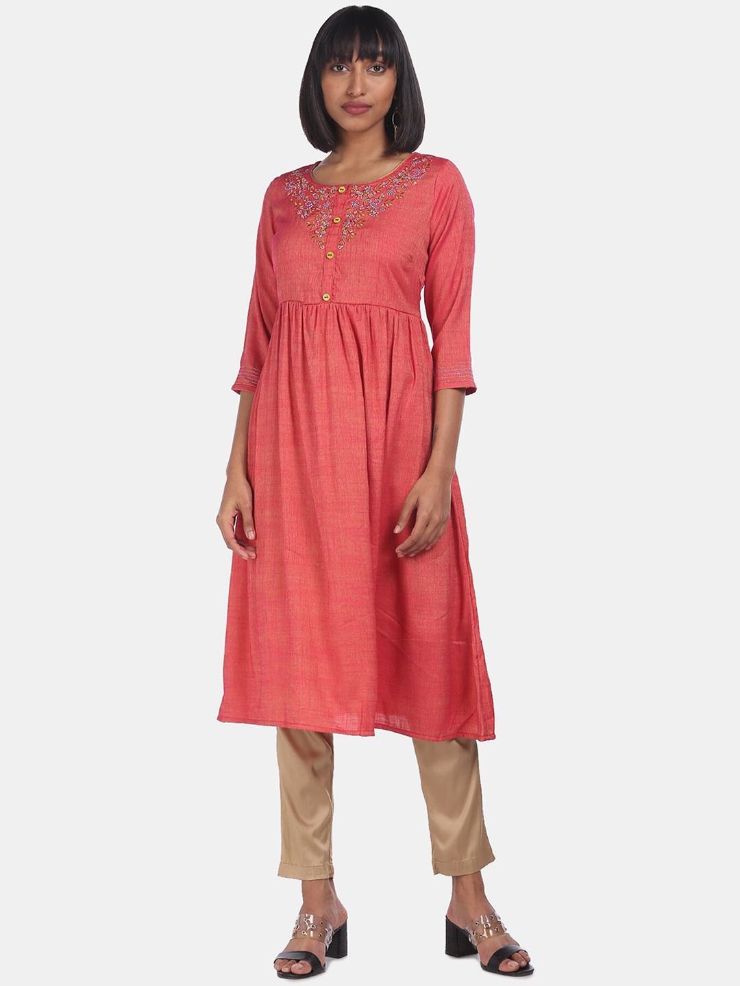 

Karigari Women Coral & Silver-Toned Solid Anarkali Kurta