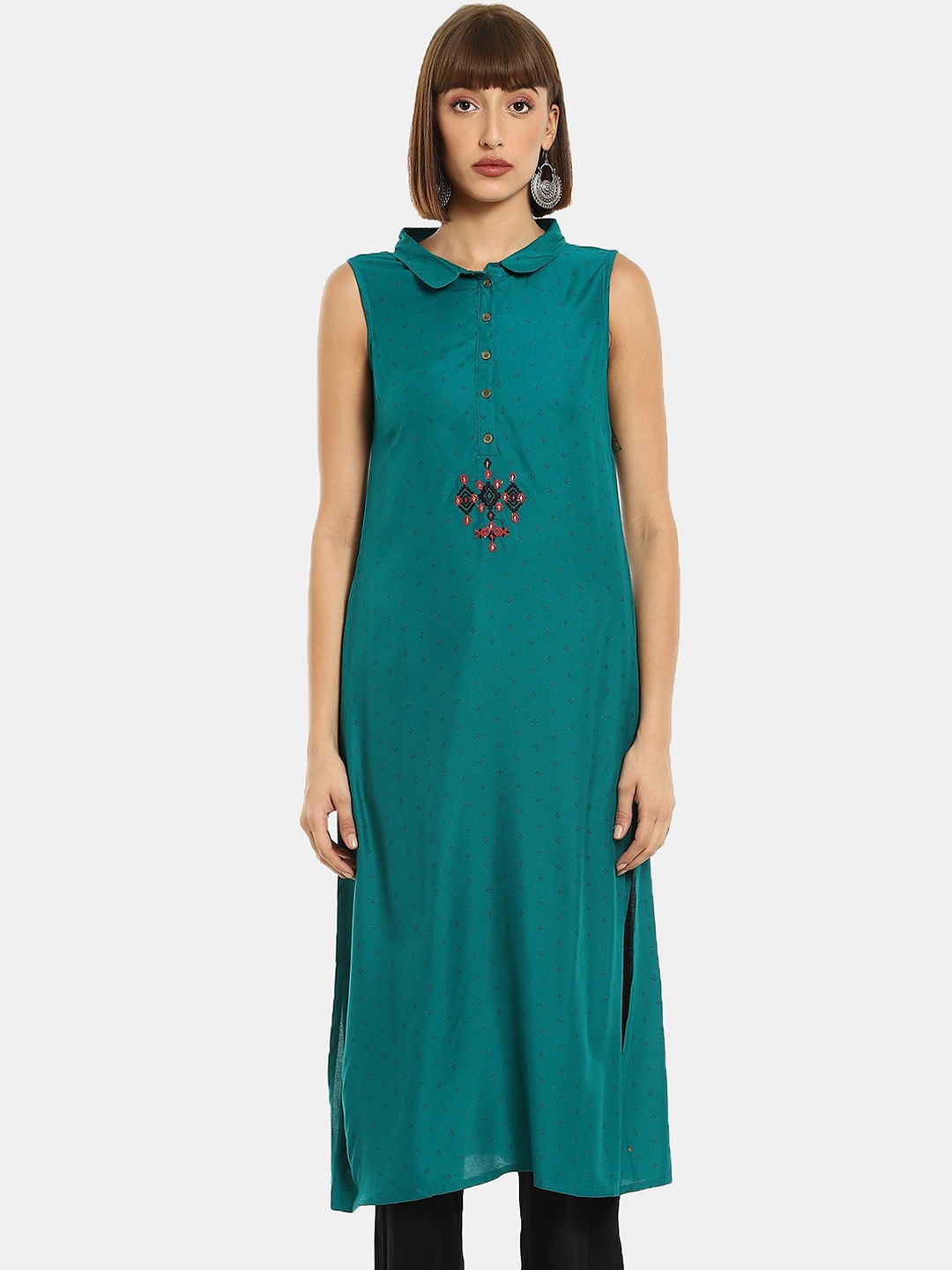 

Karigari Women Blue Geometric Printed Thread Work Kurta
