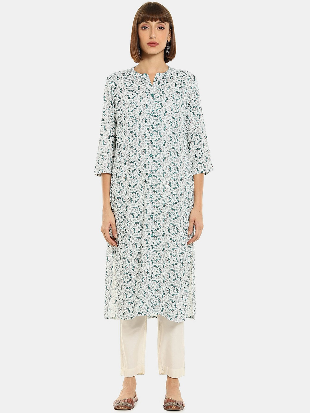 

Karigari Women White & Green Floral Printed Kurta