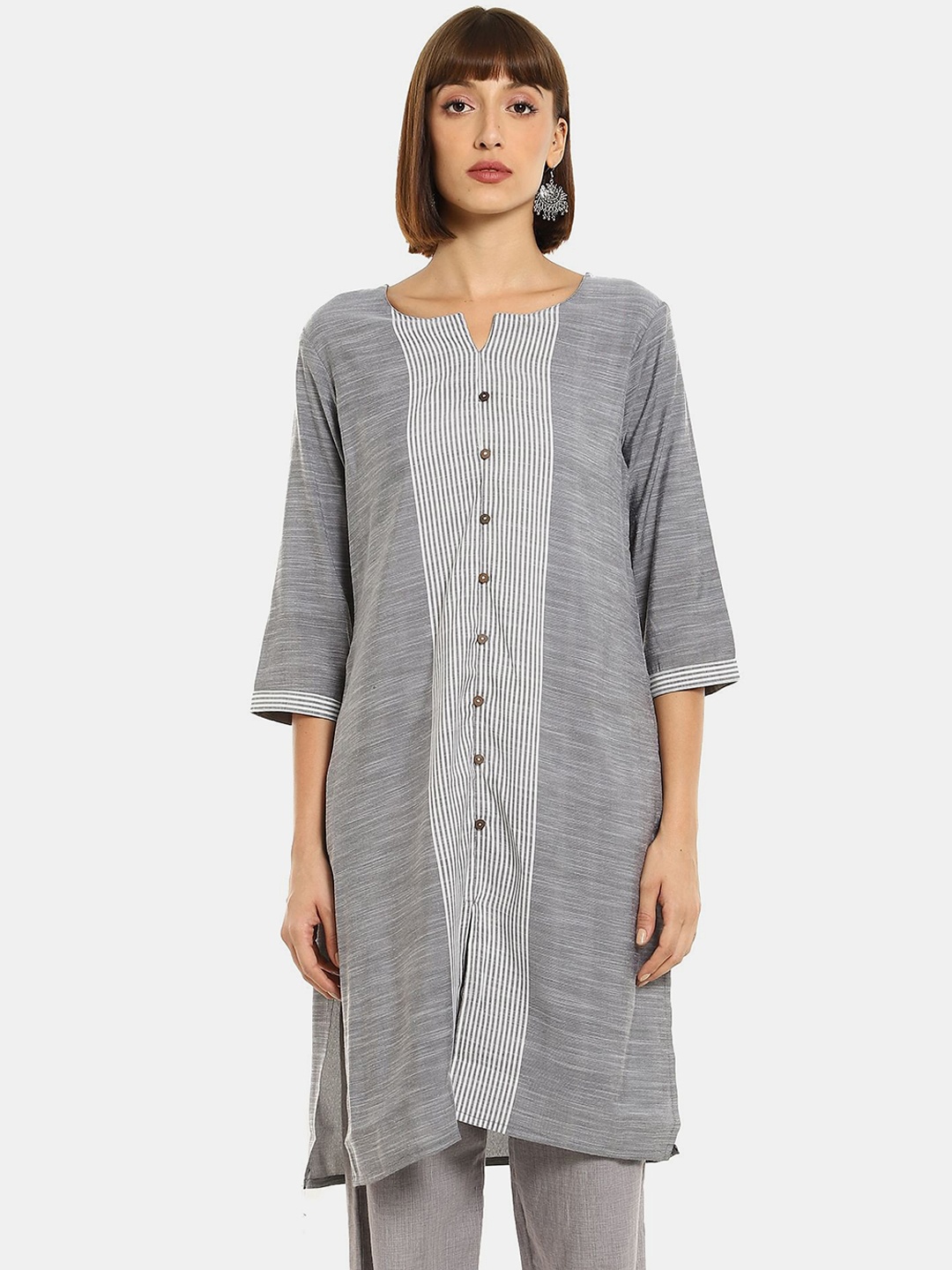 

Karigari Women Grey Striped Thread Work Kurta