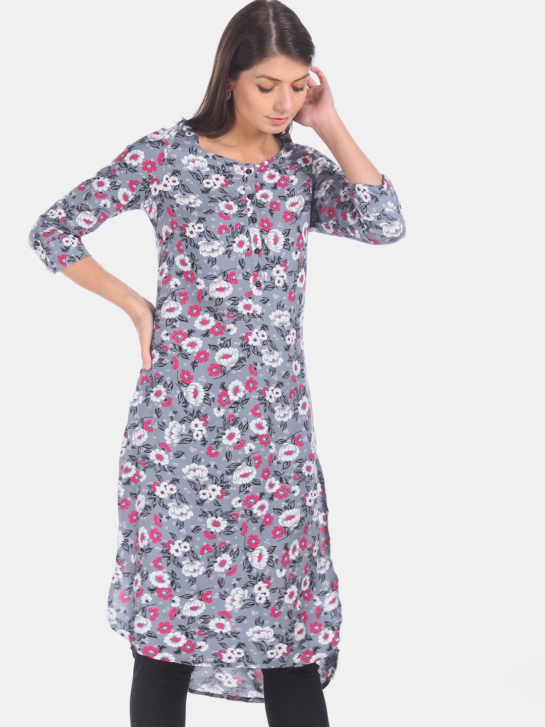 

Karigari Women Grey Floral Printed Kurta