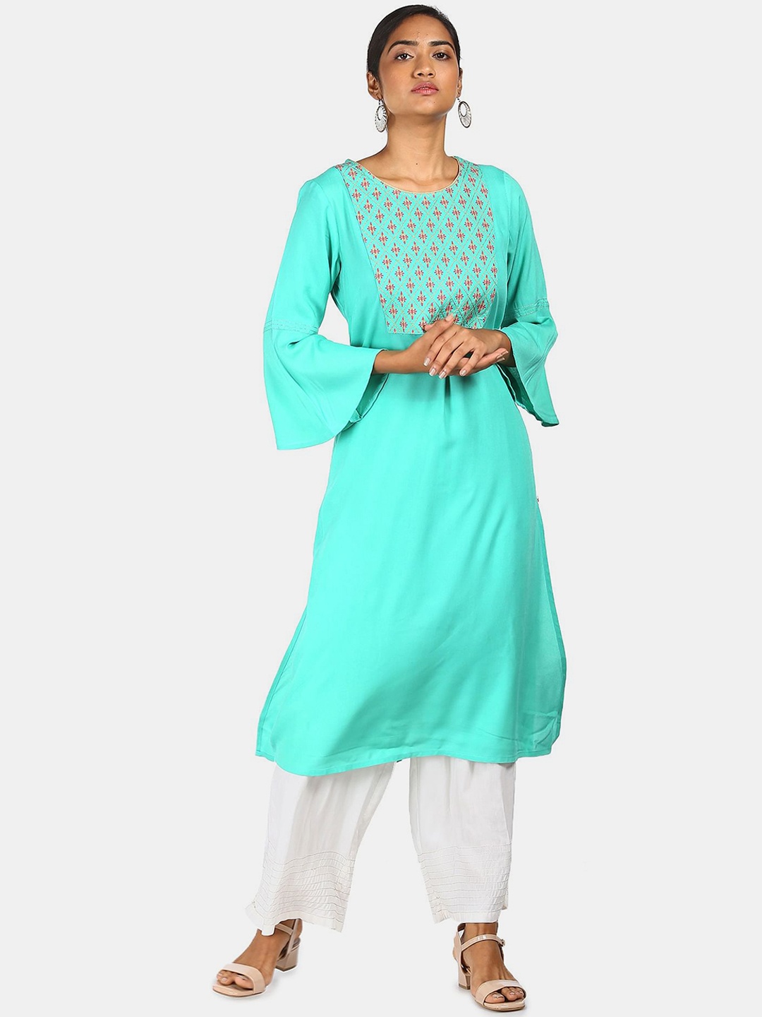 

Karigari Women Blue Yoke Design Flared Sleeves Mirror Work Kurta