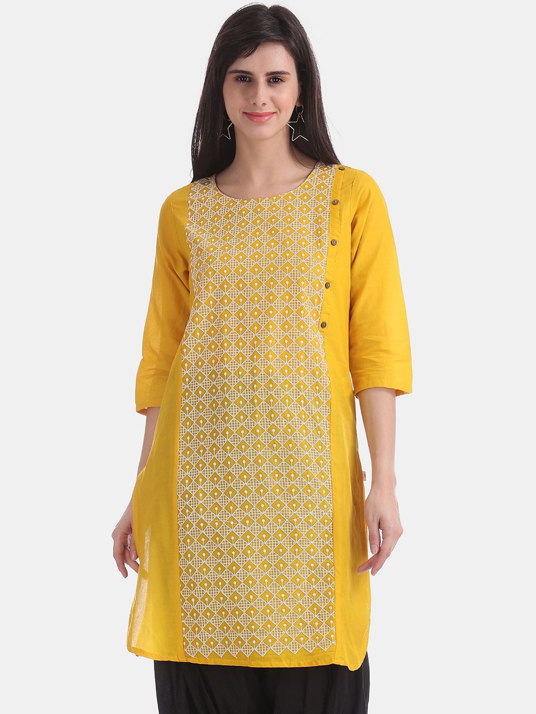 

Karigari Women Yellow Embroidered Cotton Kurta